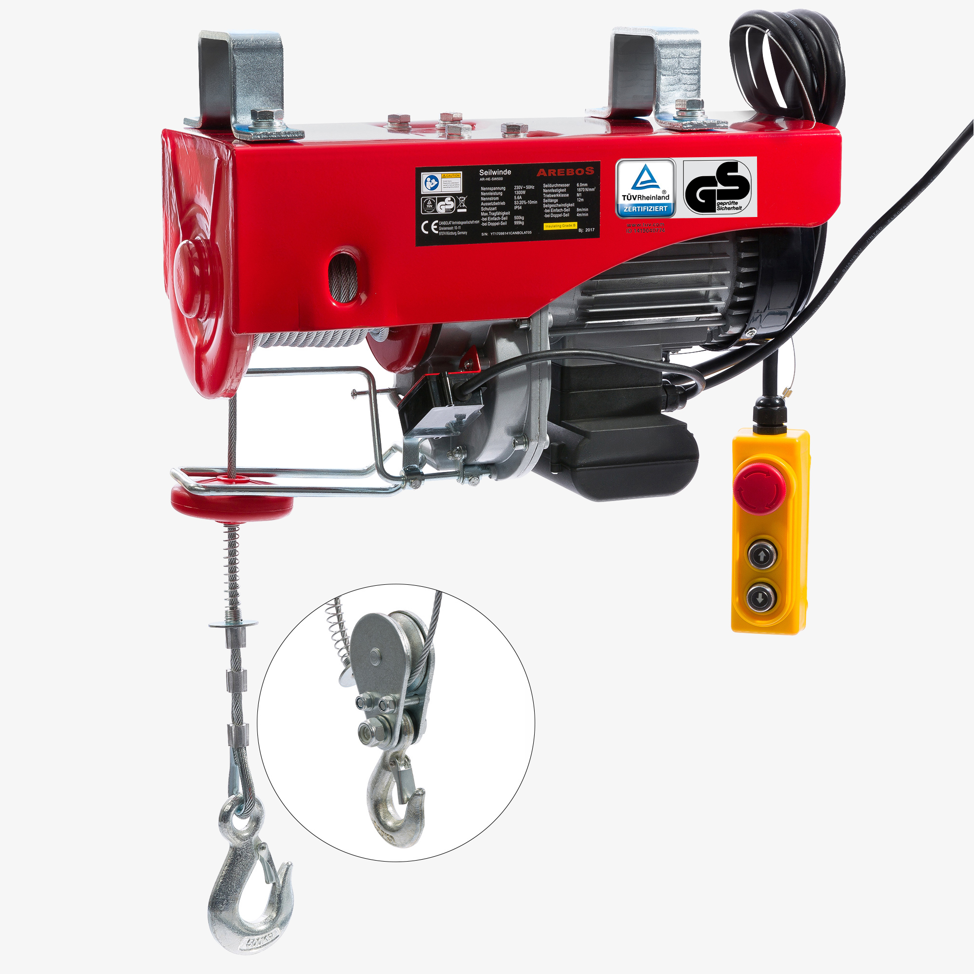 Arebos Electric cable winch cable hoist - lifting capacity 500-1000kg with cable remote control