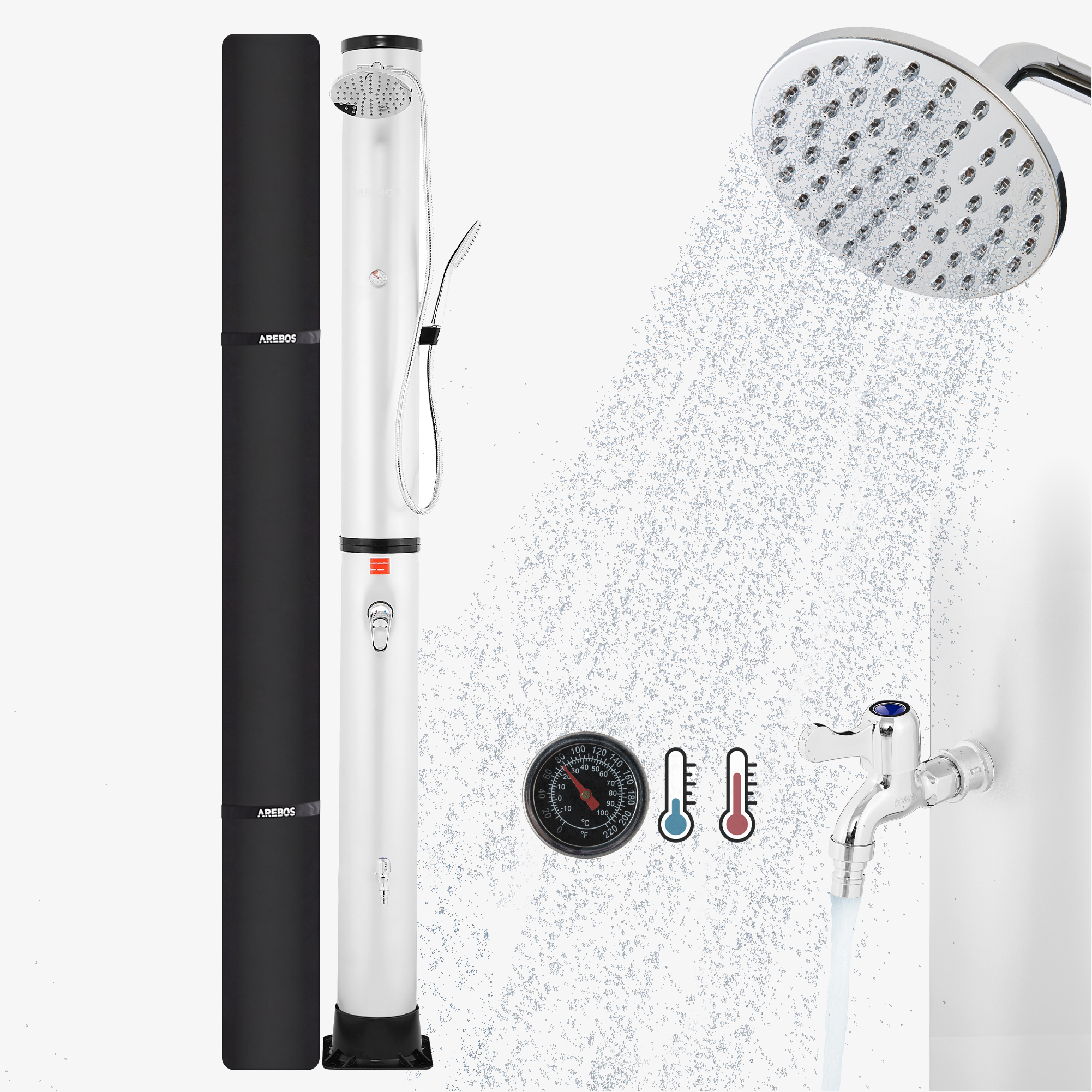 Arebos Solar shower 40L Premium silver with thermometer,hand shower, incl. bonnet, foot shower