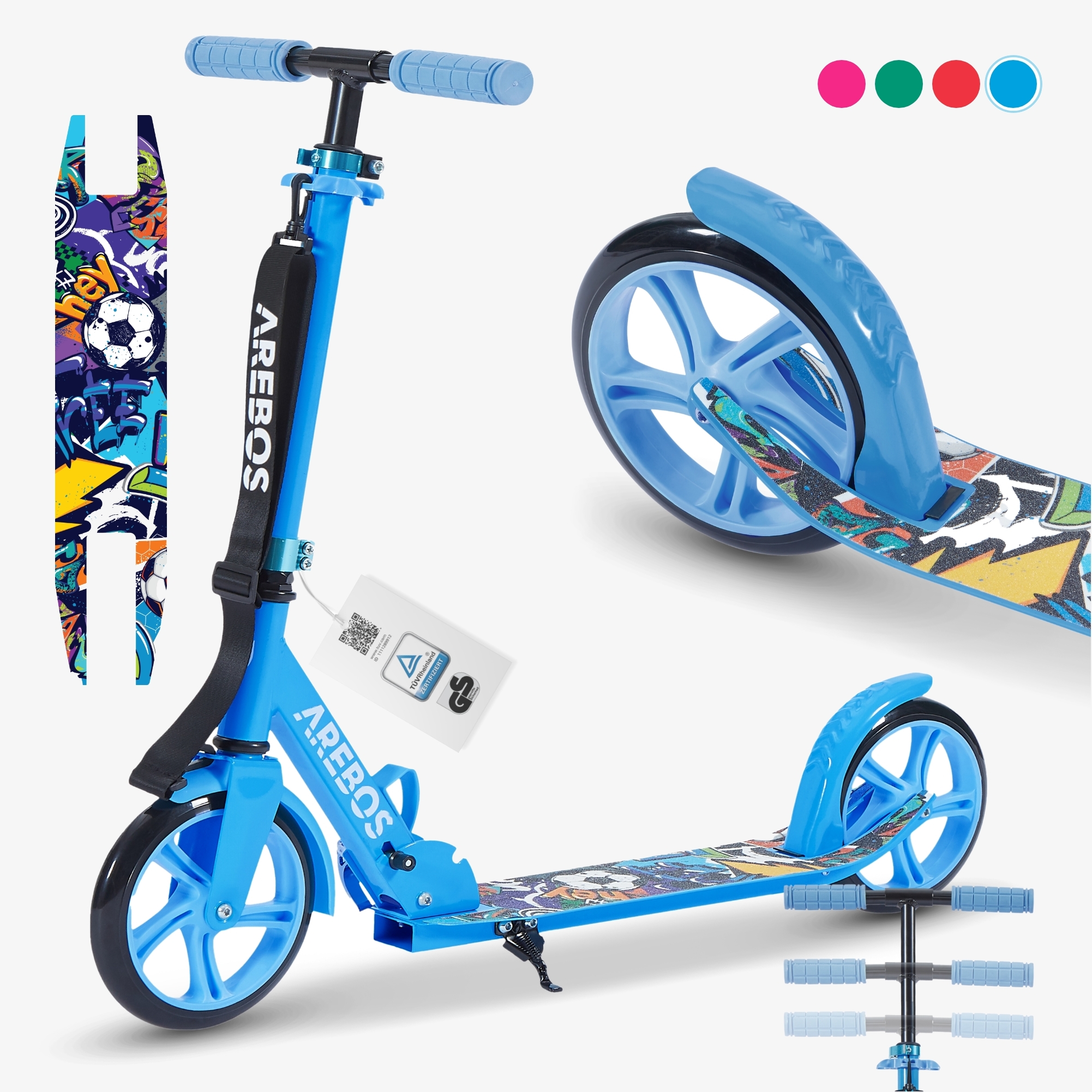 Arebos Grafitti scooter with pedal brake, bell, kickstand, carrying strap