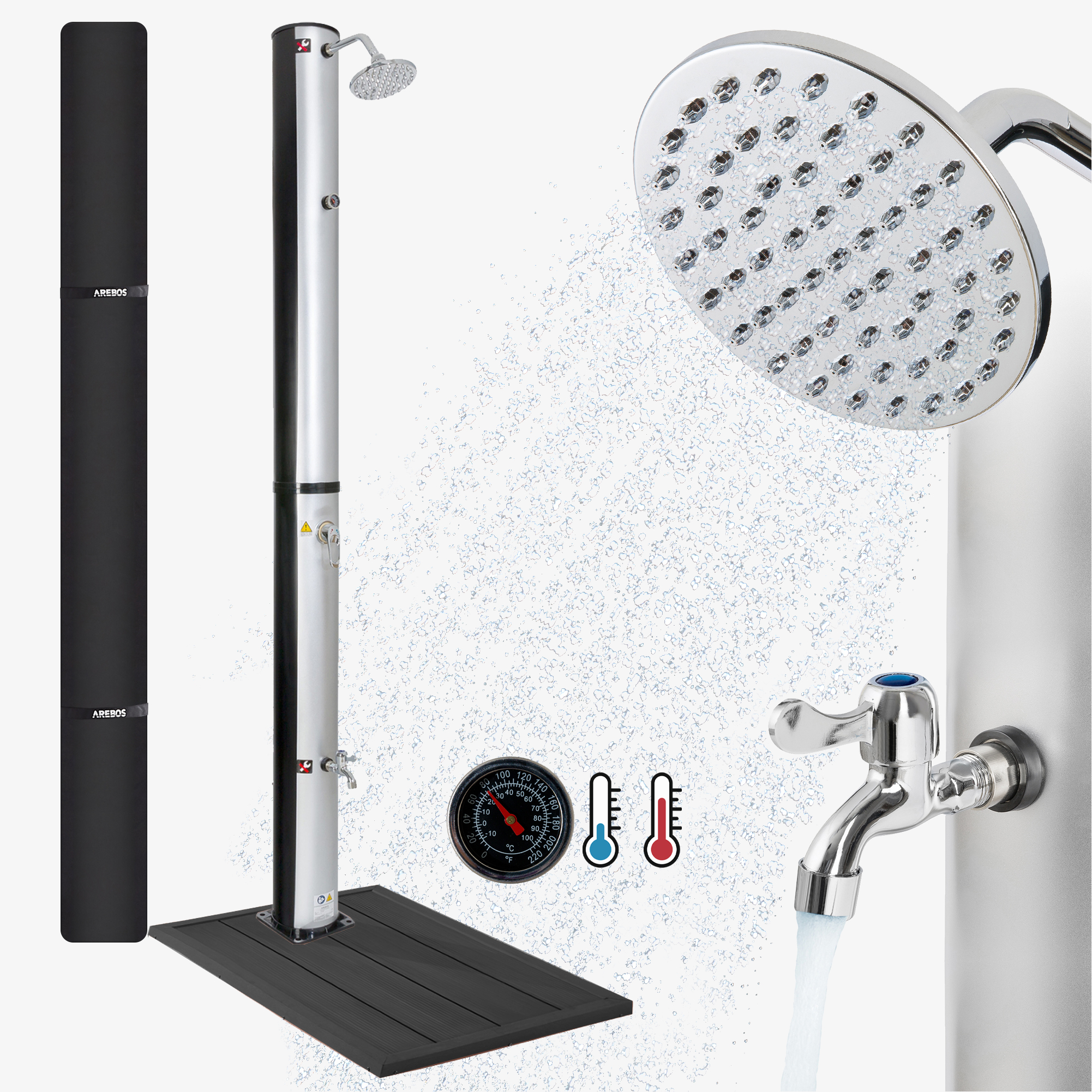Arebos Solar shower 40L silver & floor element anthracite,incl. bonnet & foot shower
