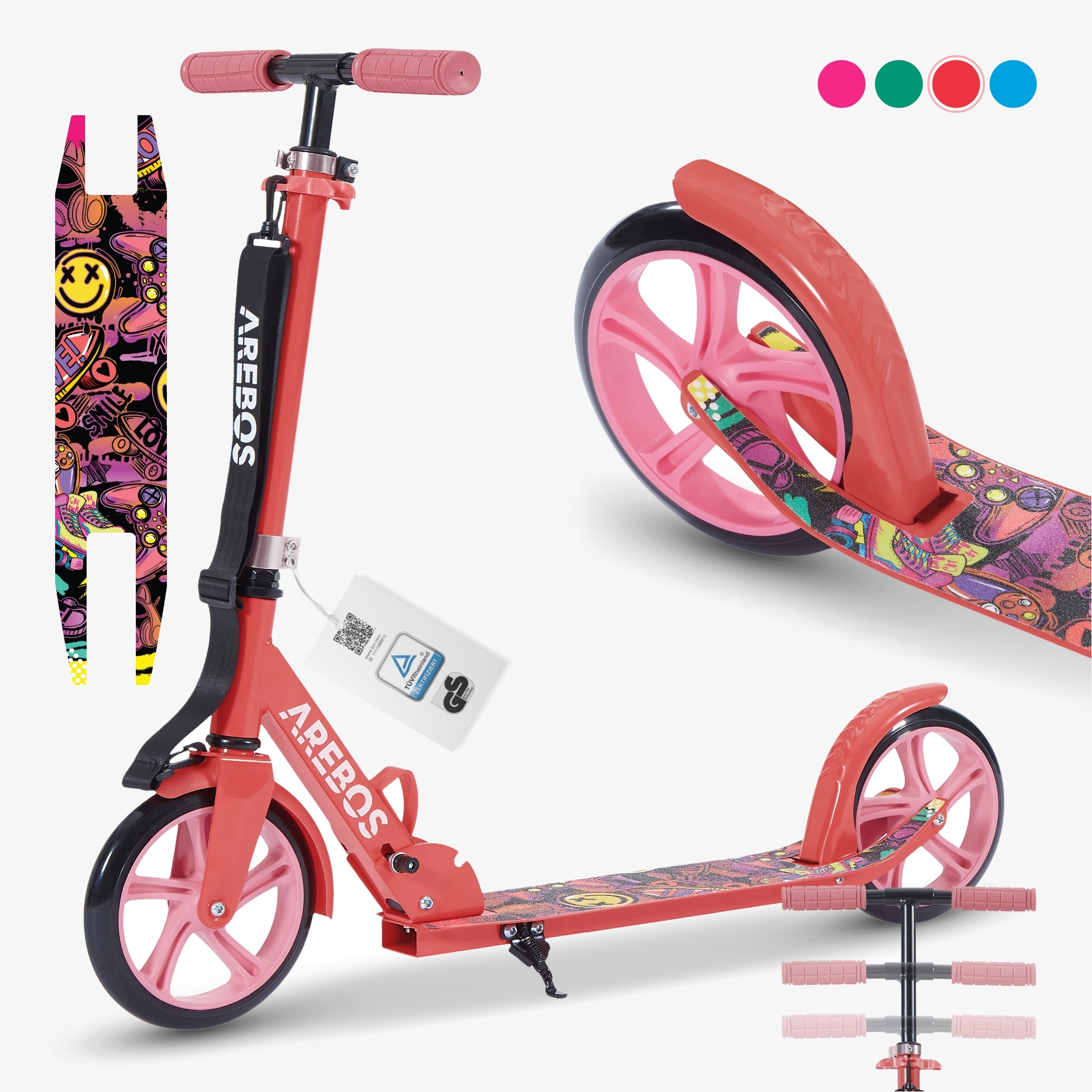 Arebos Grafitti scooter with pedal brake, bell, kickstand, carrying strap