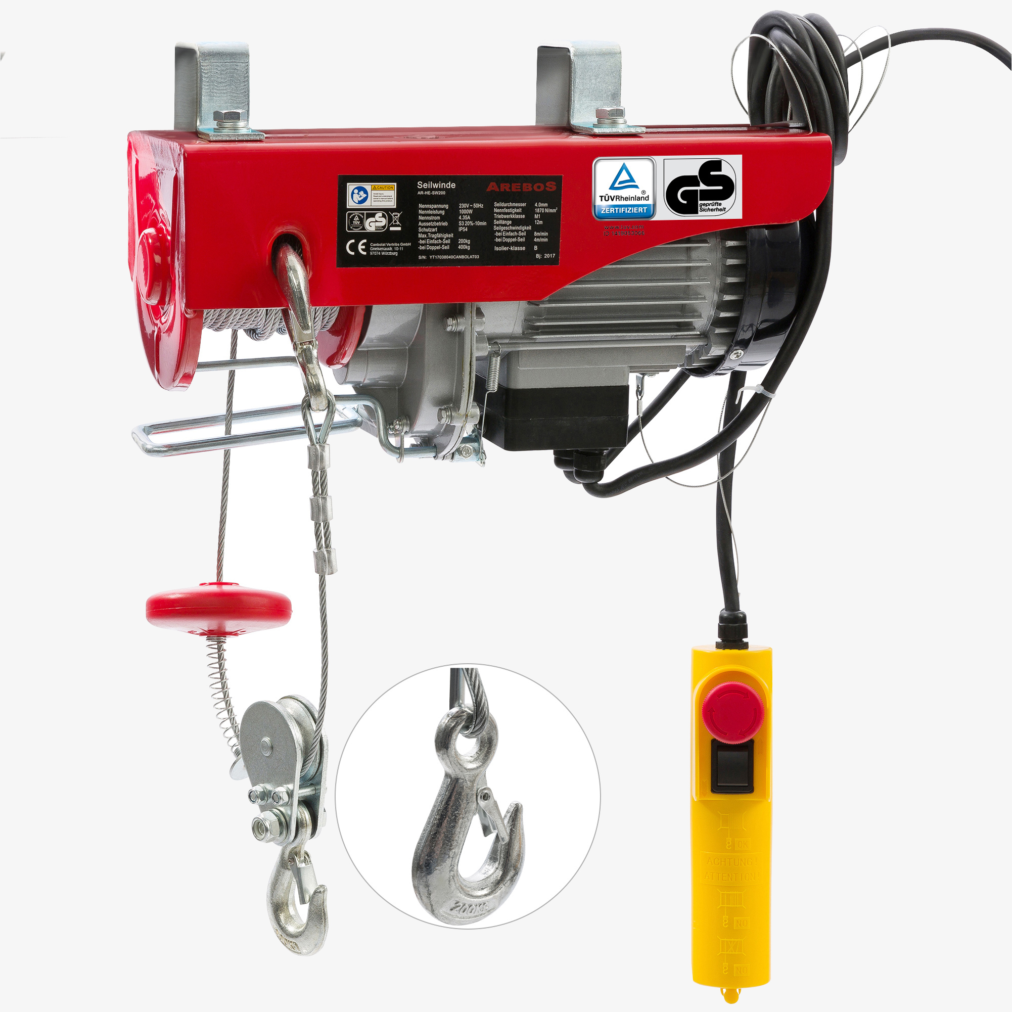 Arebos Electric Cable Winch Hoist - Load Capacity 200-400kg with Cable Remote Control