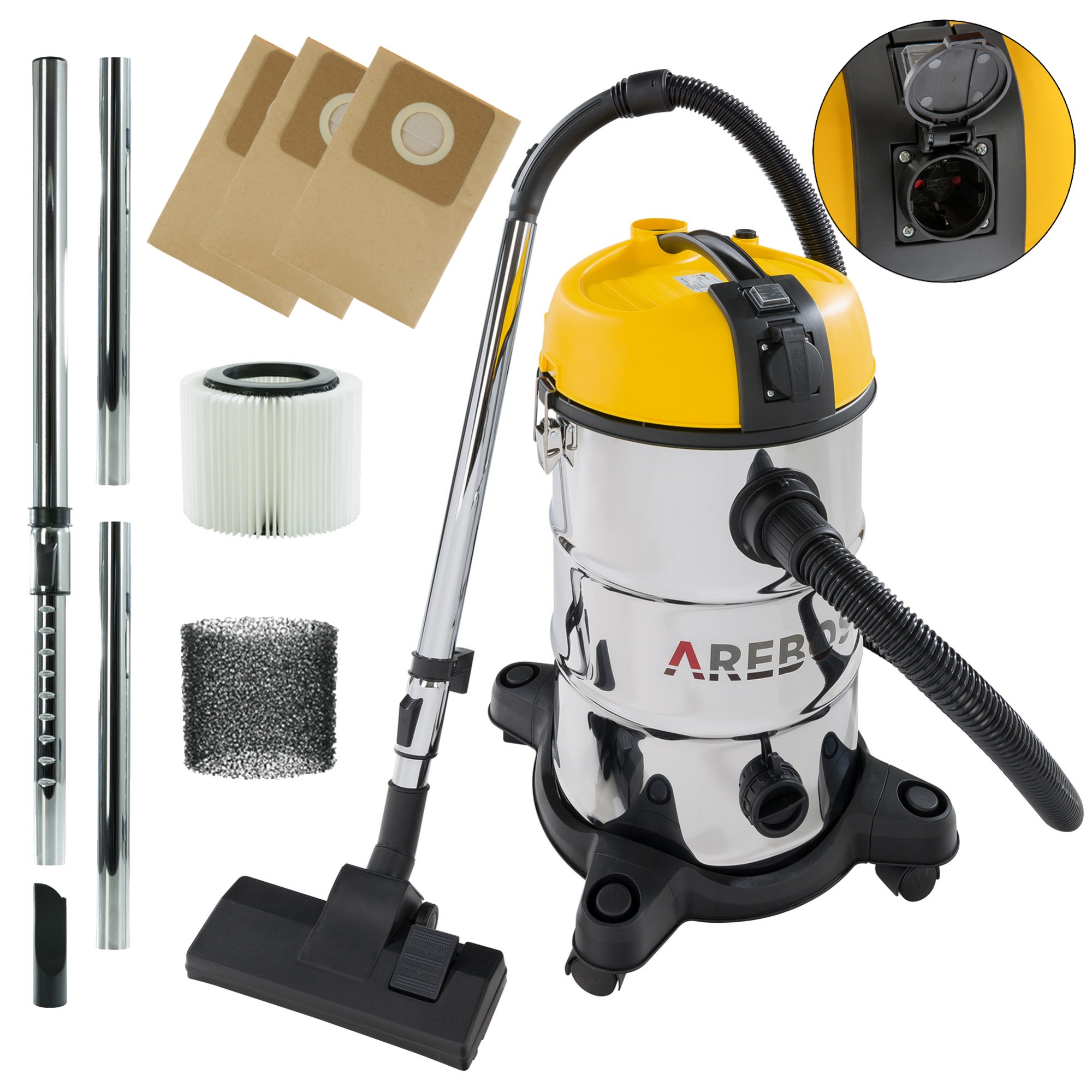 Arebos Industrial Vacuum Cleaner 1300W - Vacuum Cleaner 30l,Wet/Dry,Ash Vacuum Cleaner with & without Bag