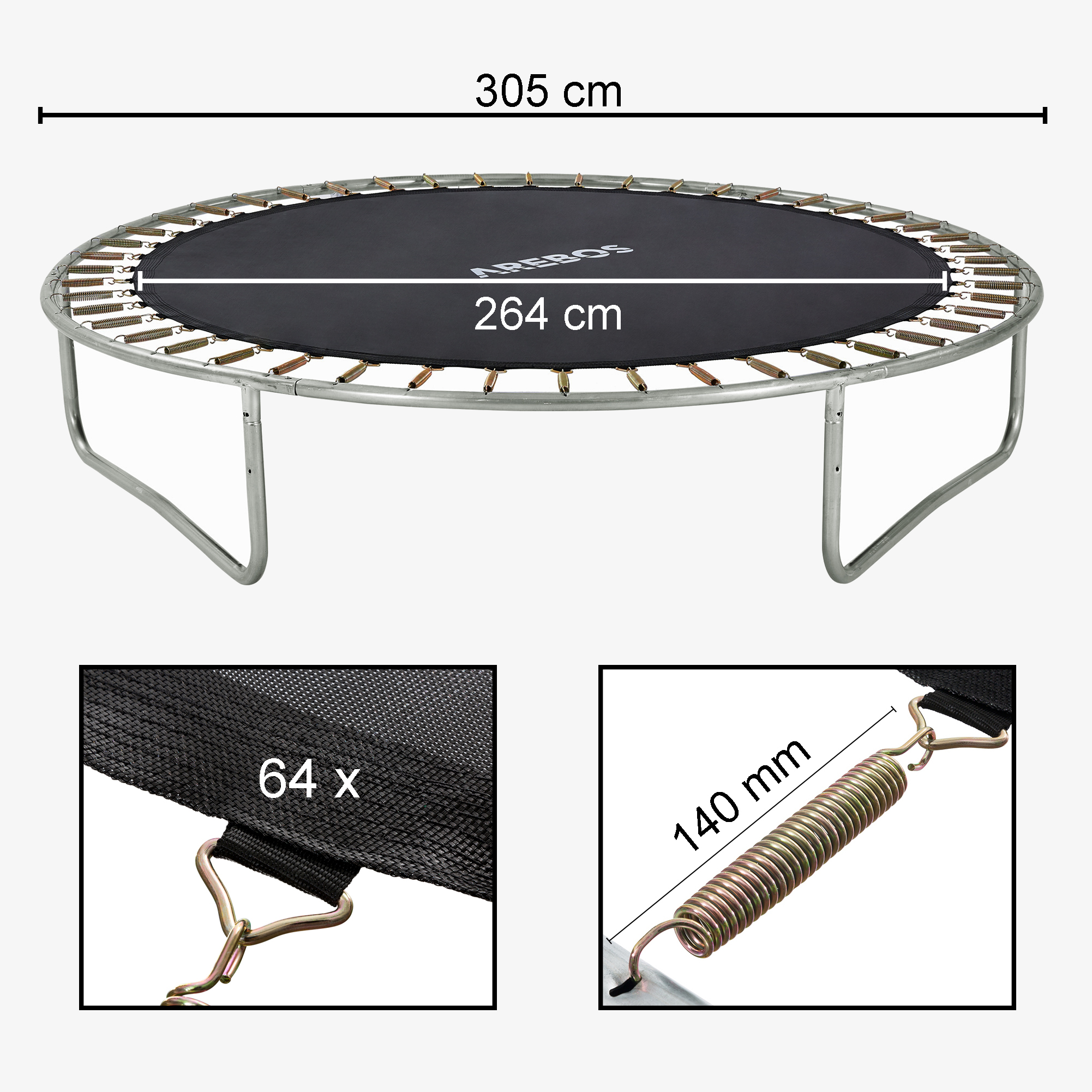 Arebos Jumping mat for trampoline Ø 305cm/10feet, Ø mat 264cm, 64 eyelets, spring length 140mm