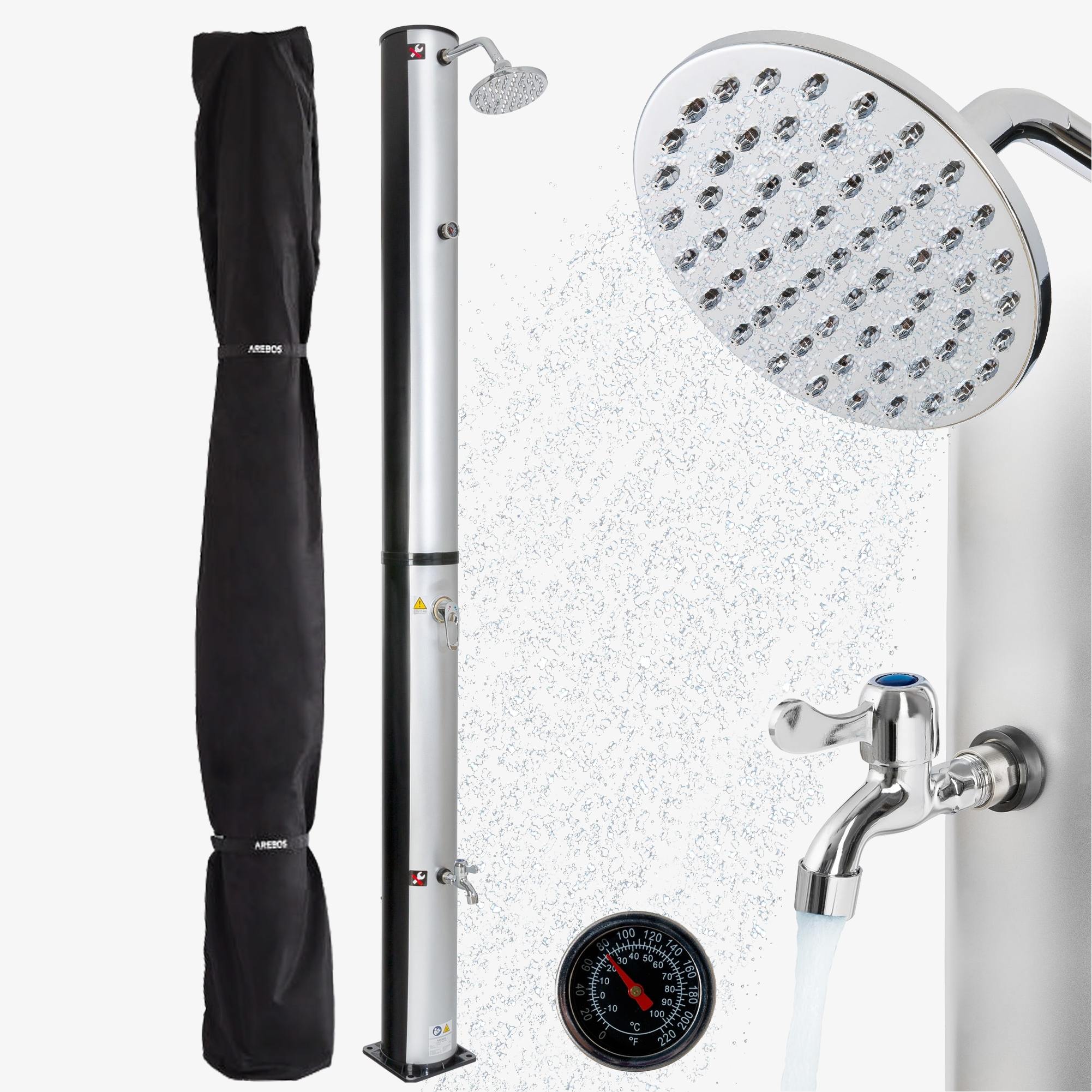 Arebos Solar Shower 37L Silver Round Thermometer,Quick Coupling, incl. Hood,Foot Shower