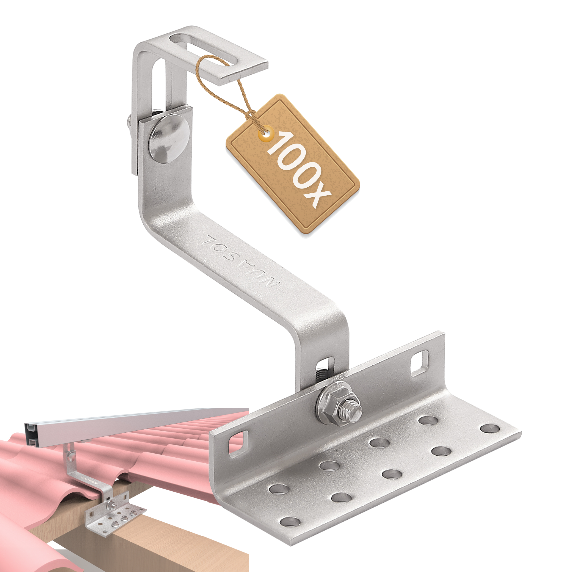 NuaSol - NuaFix 100 x stainless steel roof hooks for PV systems Aluminium profiles - Total dimensions: 174 x 140 x 120-160 mm