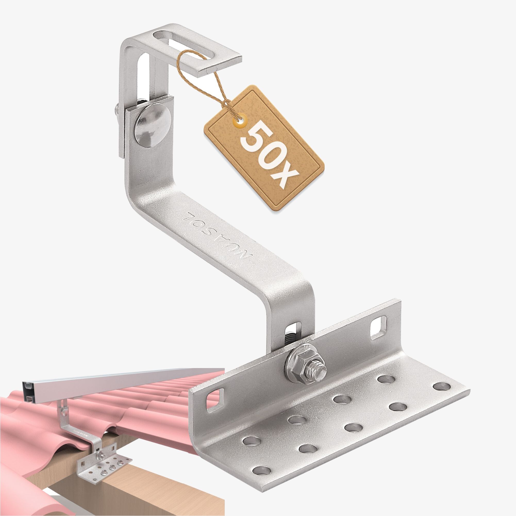 NuaSol - NuaFix 50 x stainless steel roof hooks for PV systems Aluminium profiles - Total dimensions: 174 x 140 x 120-160 mm