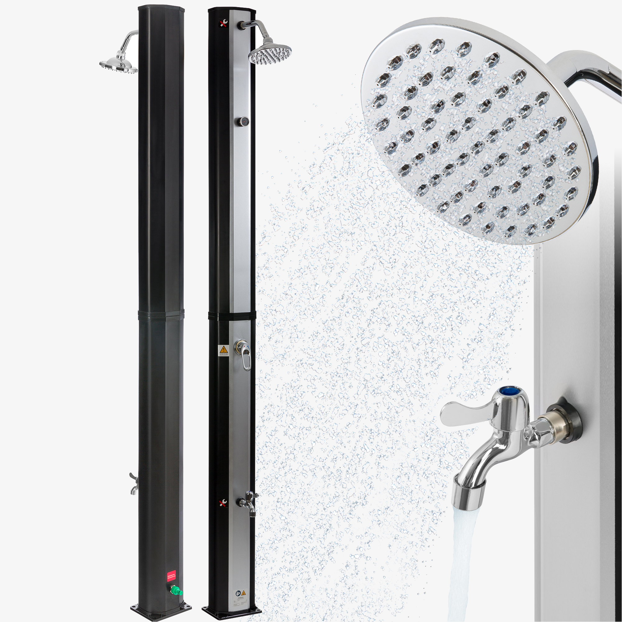 Arebos Solar Shower 35L Silver with Thermometer,Quick Coupling, incl. Hood, Foot Shower