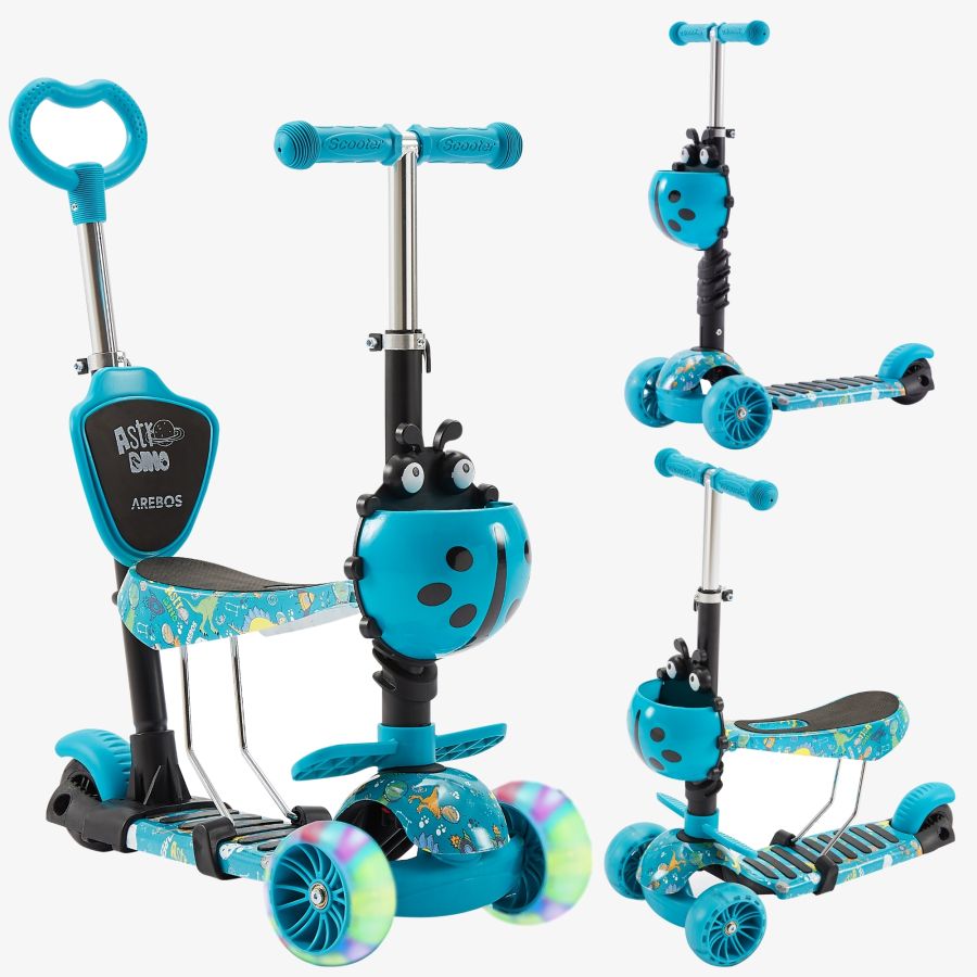 Scooter with LED wheels, seat and push aid