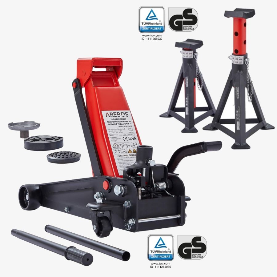 Manoeuvring jack 3T with foot pedal + 2 pcs. Support trestles 3T