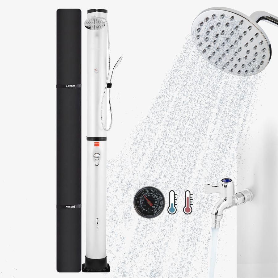 Solar Shower 40L with Thermometer & Hand Shower silver